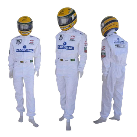 Three views of a Ayrton Senna 1993 F1 Race Replica Costume McLaren Paris Bercy with visible branding on a white background