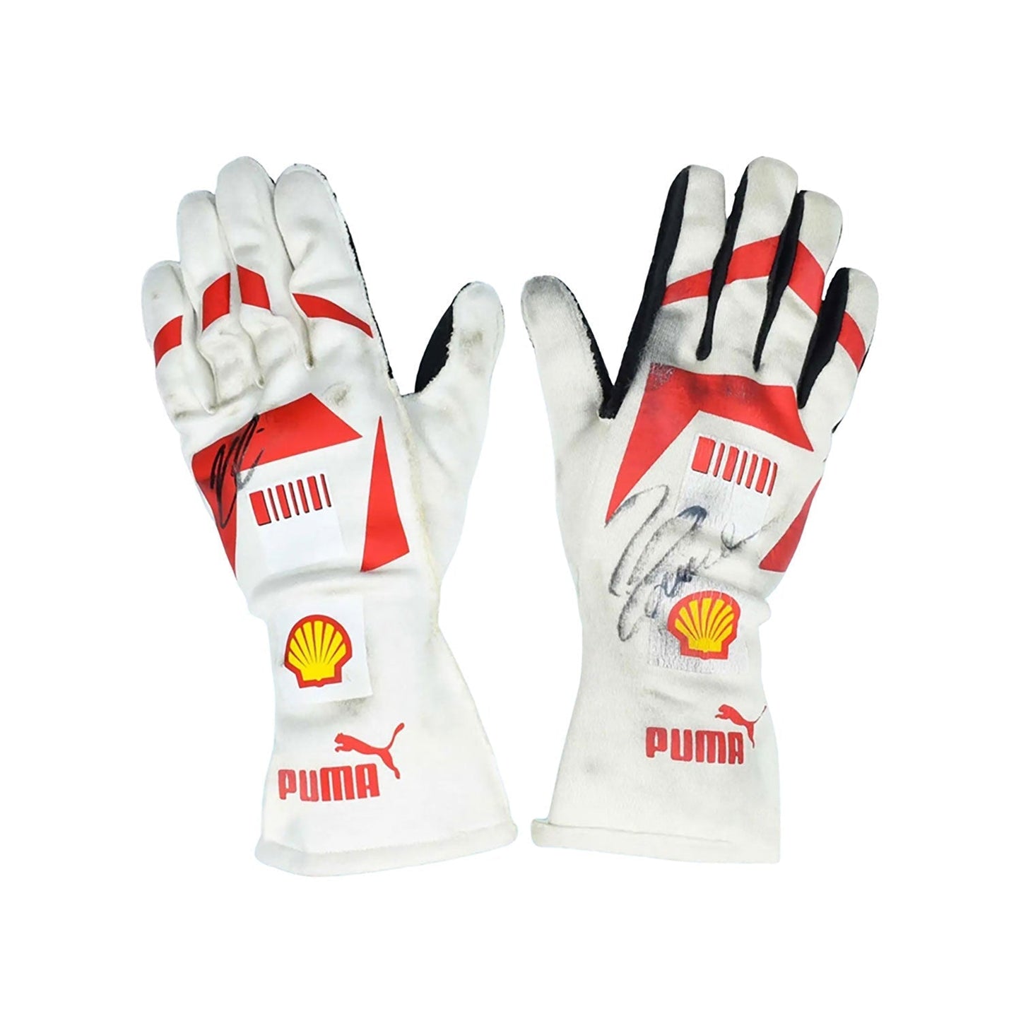 White Kimi Raikkonen 2008 Ferrari F1 Replica Race Gloves laid flat, front view, showing the full racing design and replica stitching