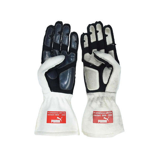 White Kimi Raikkonen 2008 Ferrari F1 Replica Race Gloves laid flat, front view, showing the full racing design and replica stitching
