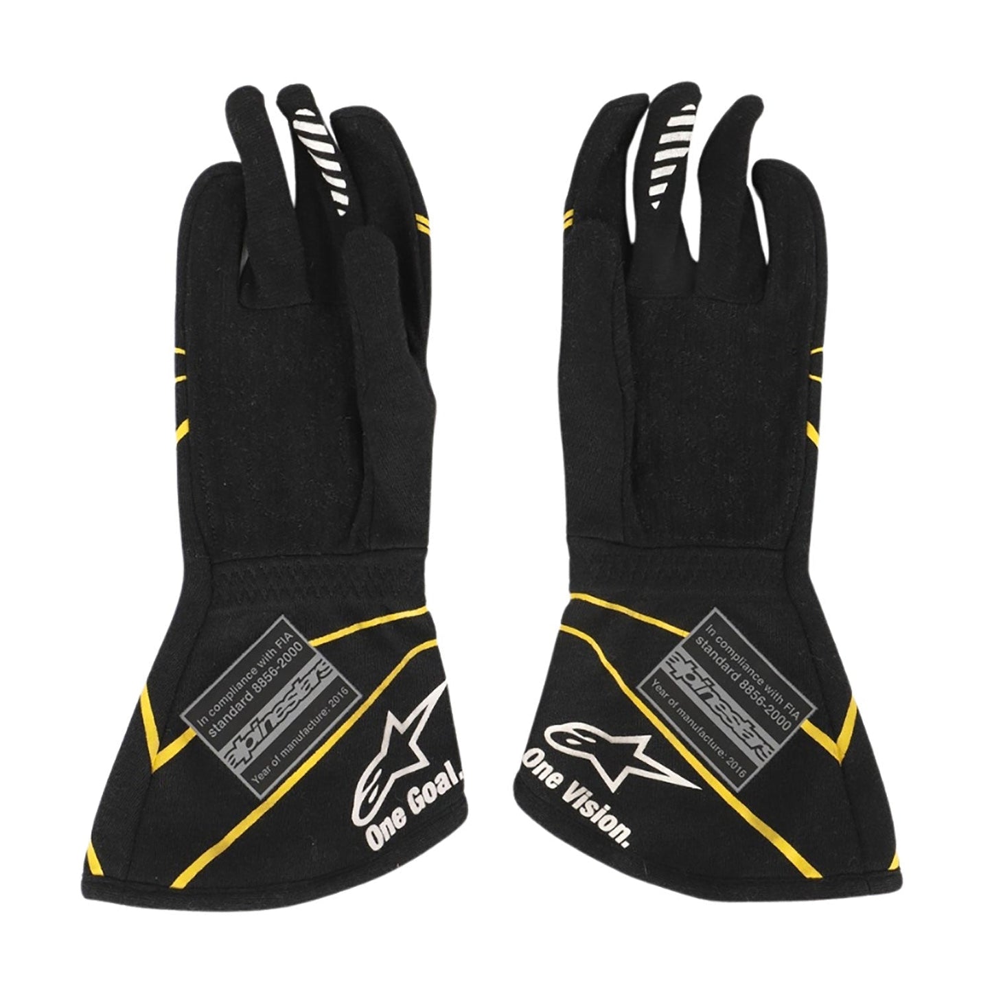 Black Esteban Ocon 2016 Renault F1 Race Gloves Replica shown side-on, highlighting the wrist strap and grip texture for grand prix use