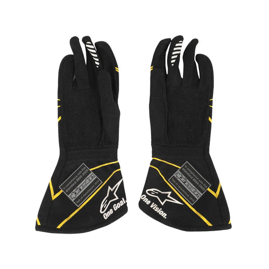 Black Kevin Magnussen 2016 Renault F1 Replica Race Gloves laid flat, front view, showing the full racing design and replica stitching