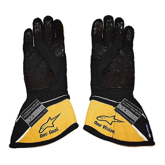 Black Nico Hülkenberg 2018 Renault F1 Race Gloves shown back side, highlighting the wrist strap and grip texture for grand prix use