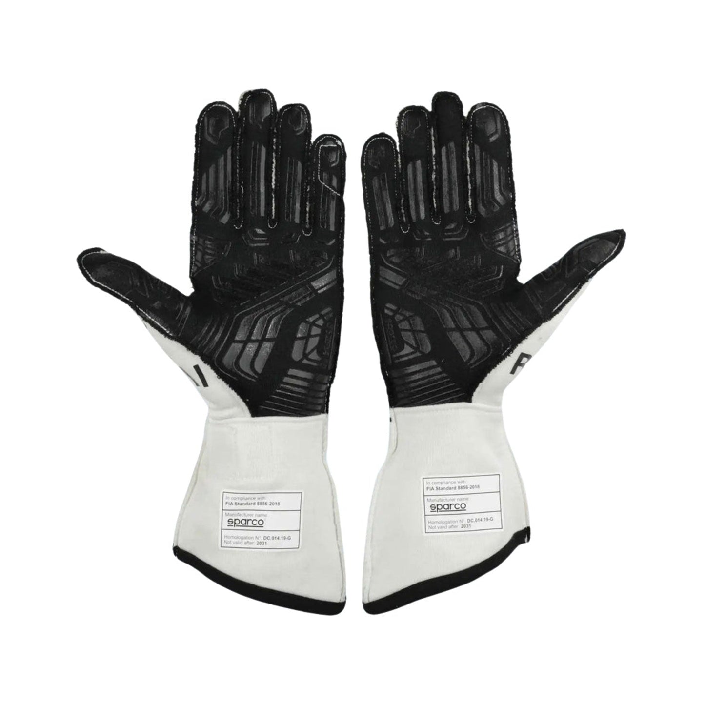 White Raikkonen 2021 Alfa Romeo F1 Race Gloves Replica shown side-on, highlighting the wrist strap and grip texture for grand prix use
