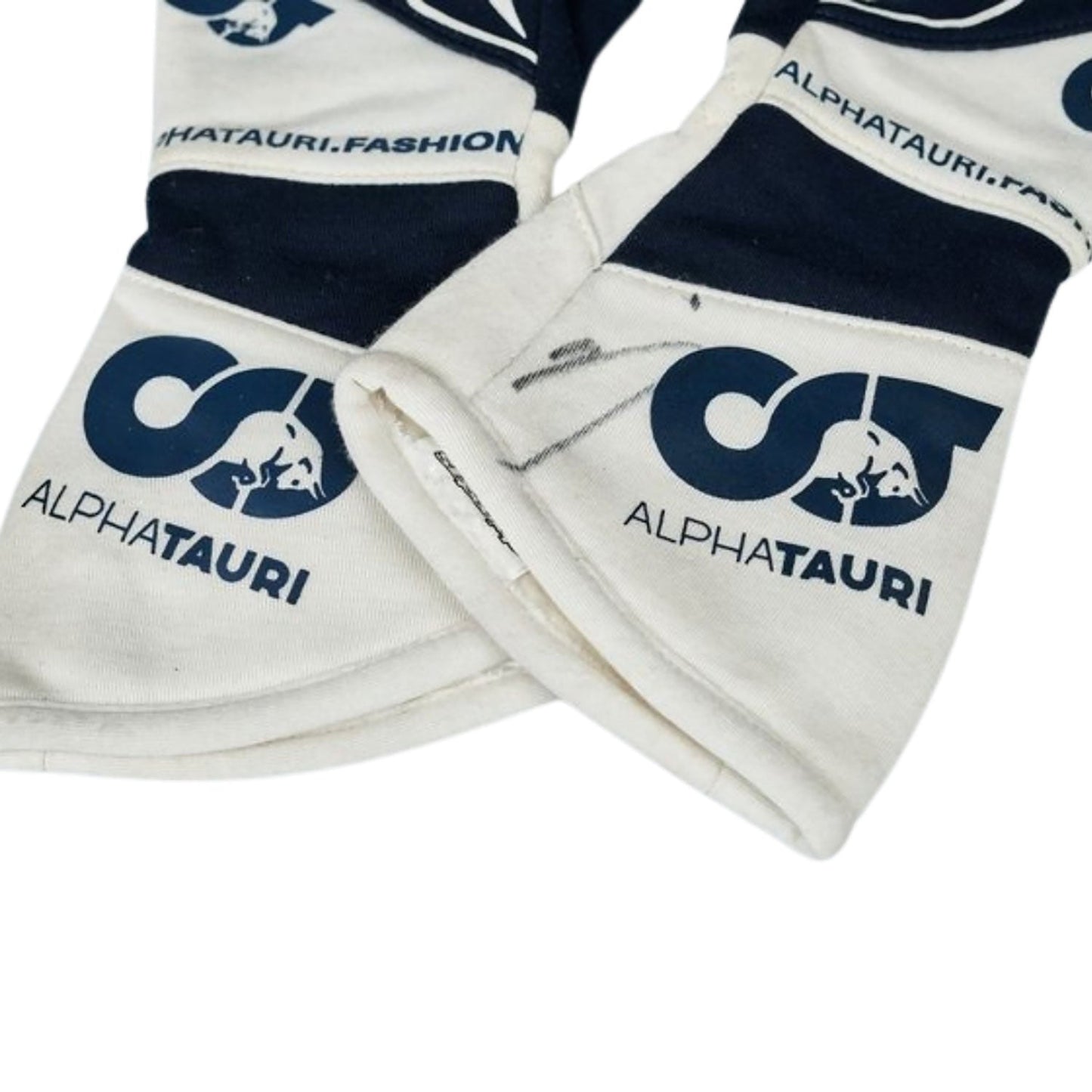 Black Yuki Tsunoda 2022 AlphaTauri F1 Race Gloves Replica laid flat, front view, showing the full racing design and replica stitching