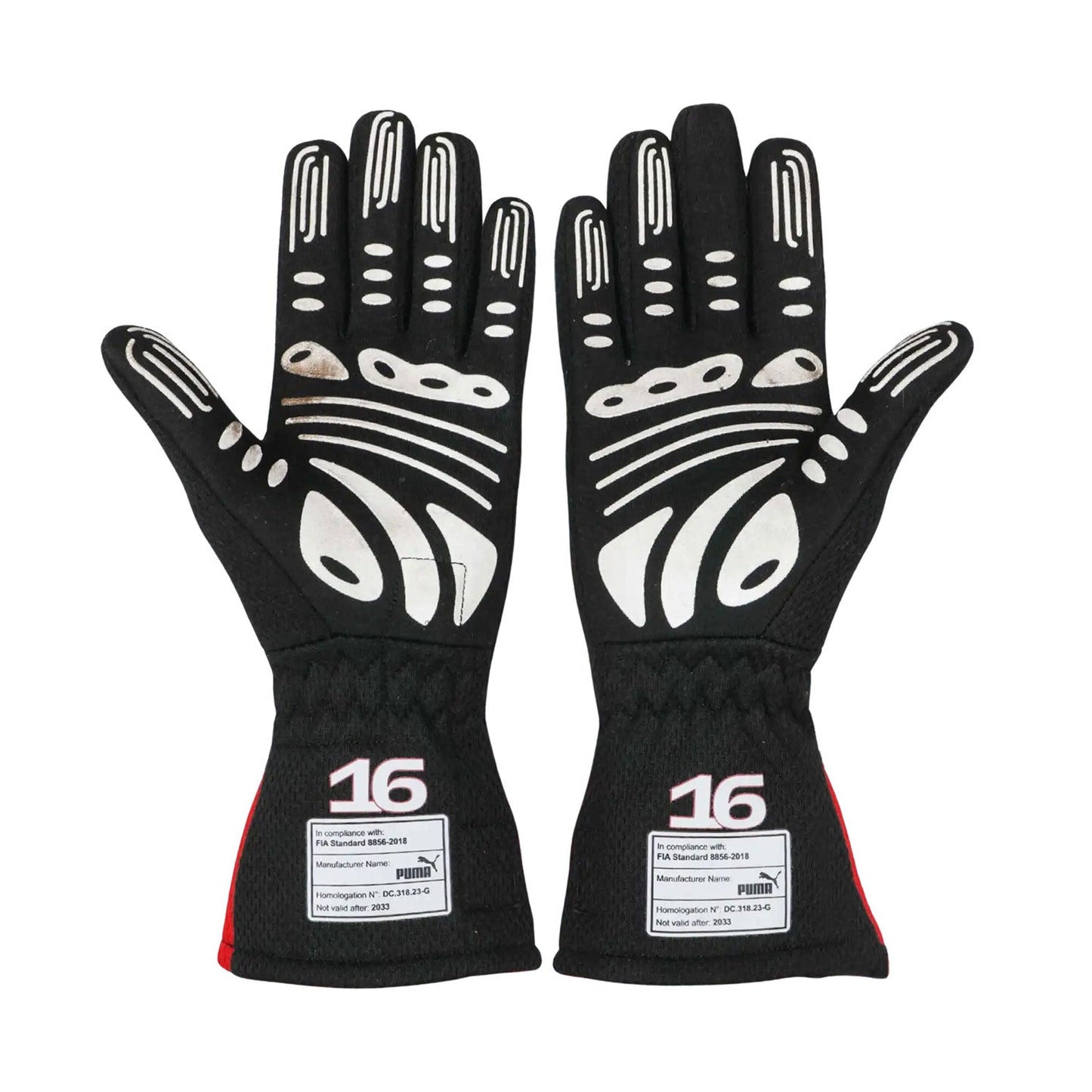 Red Charles Leclerc 2023 Ferrari F1 Replica Race Gloves shown side-on, highlighting the wrist strap and grip texture for grand prix use