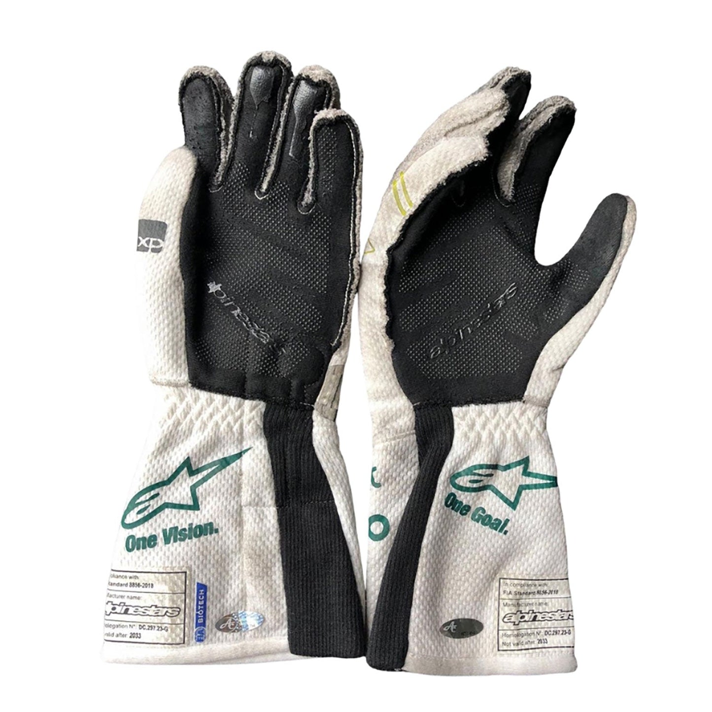 White Lance Stroll 2023 Aston Martin F1 Race Gloves shown side-on, highlighting the wrist strap and grip texture for grand prix use