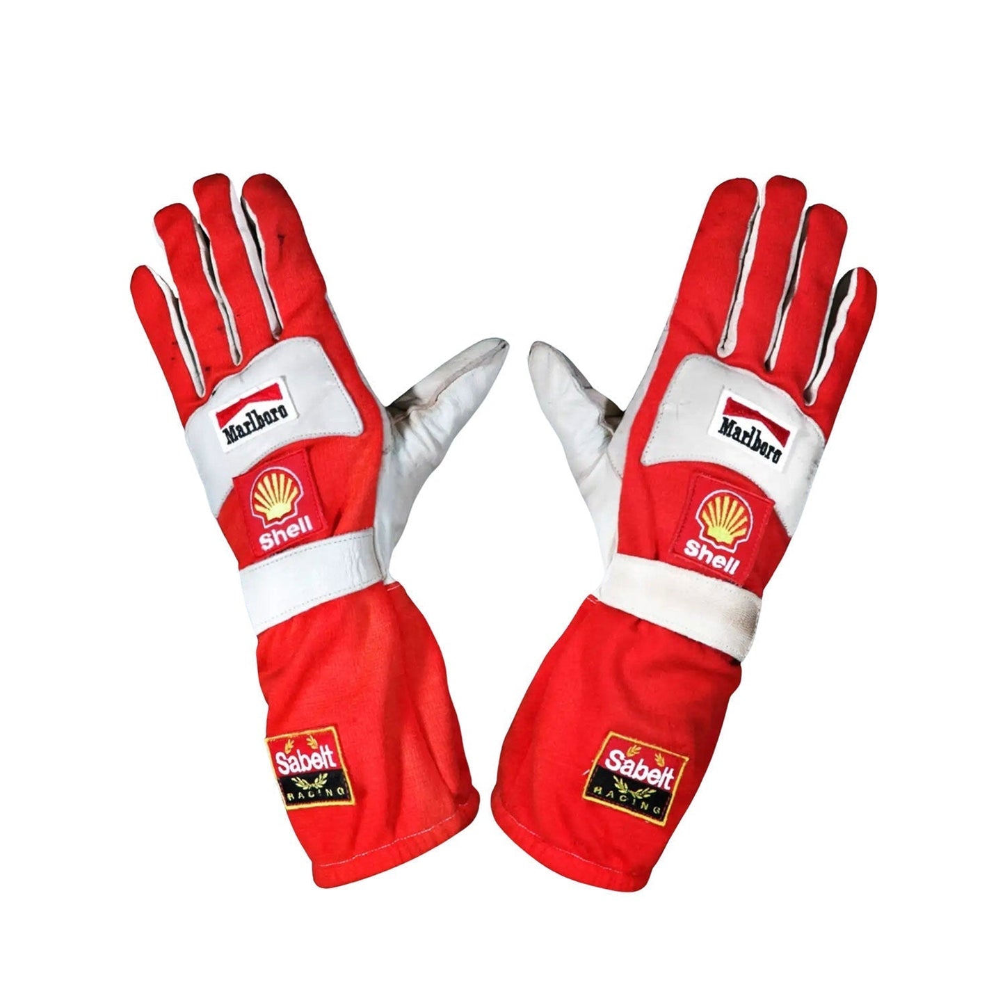 Red Charles Leclerc 2024 Ferrari F1 Race Gloves laid flat, front view, showing the full racing design and replica stitching