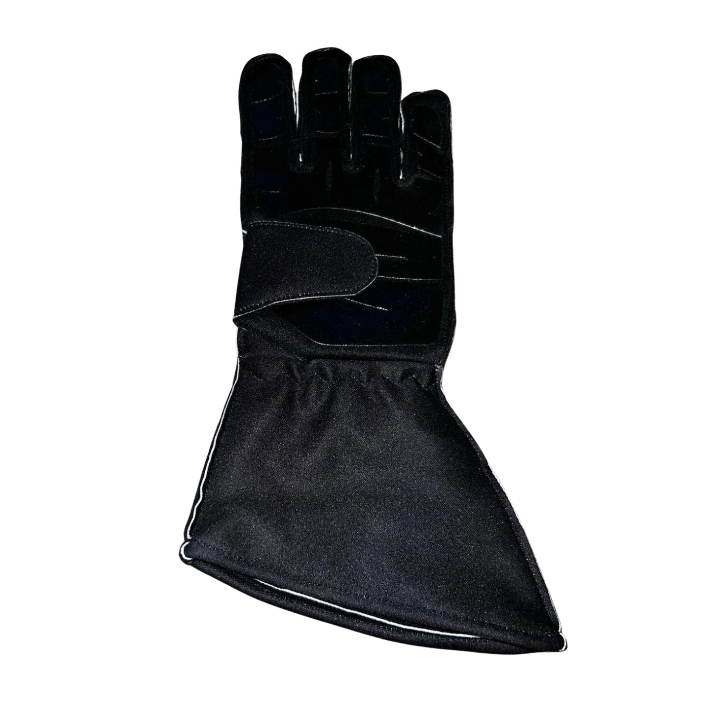 Black Esteban Ocon 2025 Haas F1 Replica Race Gloves shown side-on, highlighting the wrist strap and grip texture for grand prix use