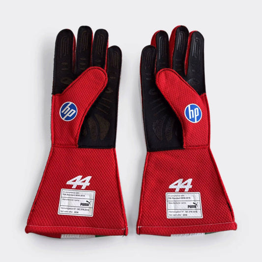 Red Lewis Hamilton 2026 Ferrari F1 Replica Race Gloves laid flat, front view, showing the full racing design and replica stitching