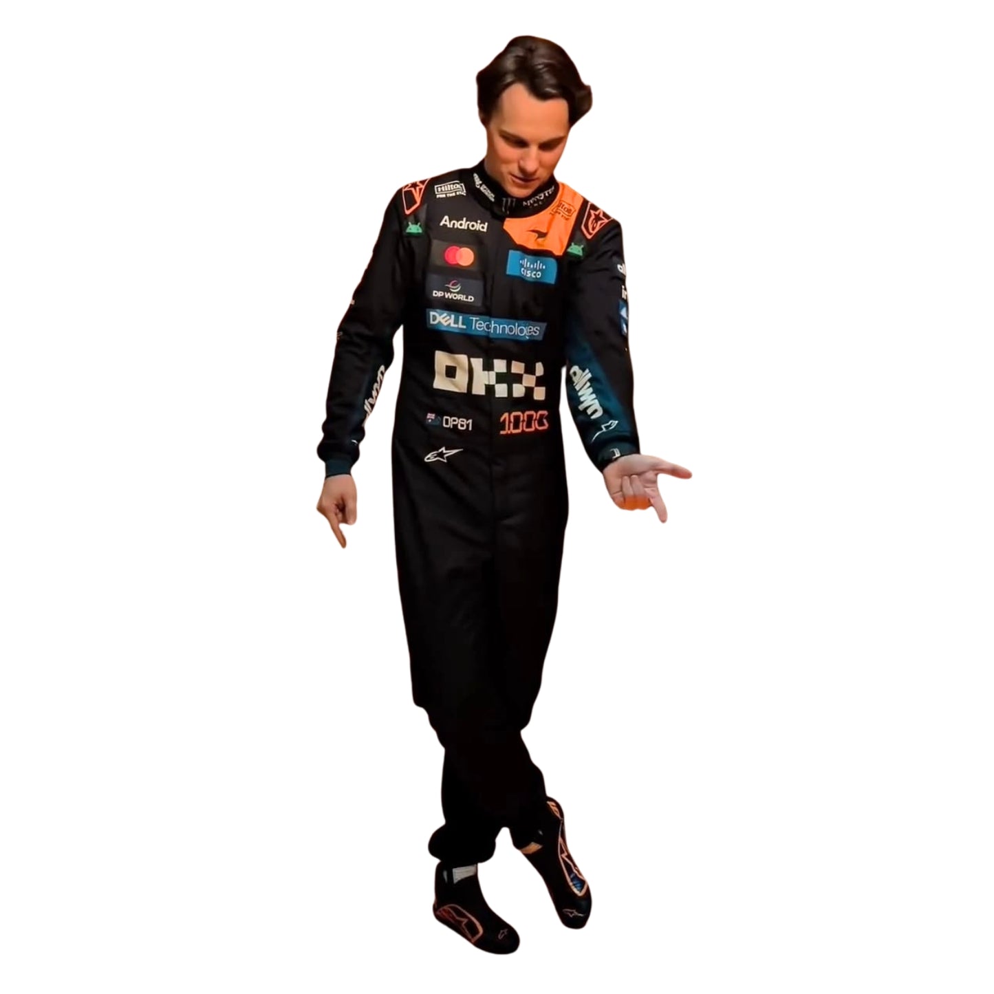 Oscar Piastri wearing a F1 racing suit McLaren Monaco GP with various sponsor logos on a white background Front View