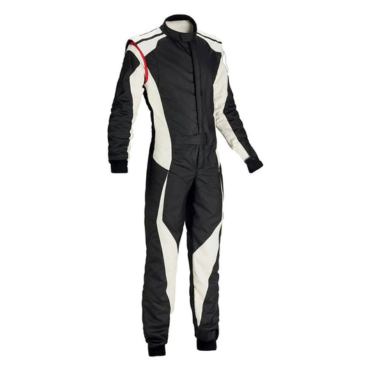 Black and White Go-Kart Driver Racing Track Suit Front View
