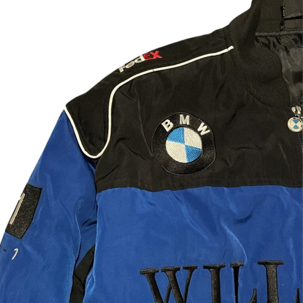 Classic BMW racing jacket design, showing the ribbed cuffs and smooth lining. Vintage racing attire that layers easily over a hoodie or shirt.