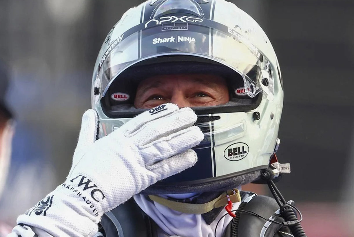 White Brad Pitt 2025 APXGP F1 Replica Race Gloves laid flat, front view, showing the full racing design and replica stitching