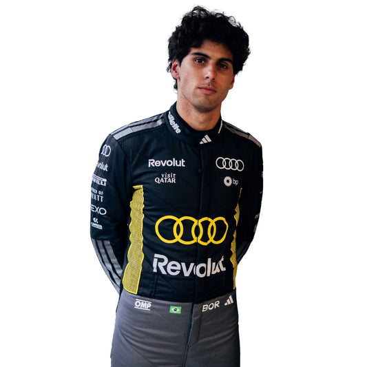 Person wearing an Audi racing suit with visible branding on a white background