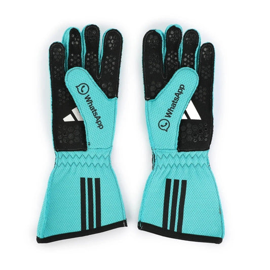 Pair of teal George Russell 2025 Race Gloves Replica F1 Mercedes with black accents featuring WhatsApp and Adidas logos on a white background