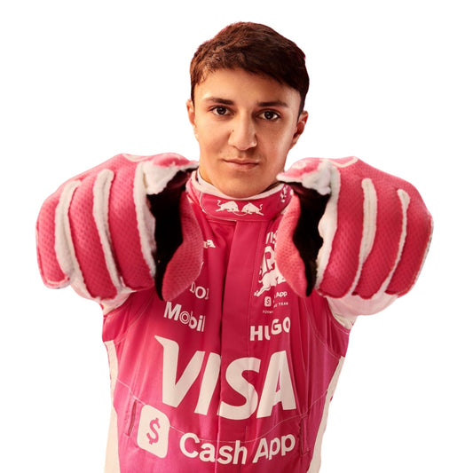 Isack Hadjar 2025 F1 Race Suit Replica VCARB Miami GP with sponsor logos including Visa and Cash App, along with pink-and-white striped gloves, posed against a plain white background.