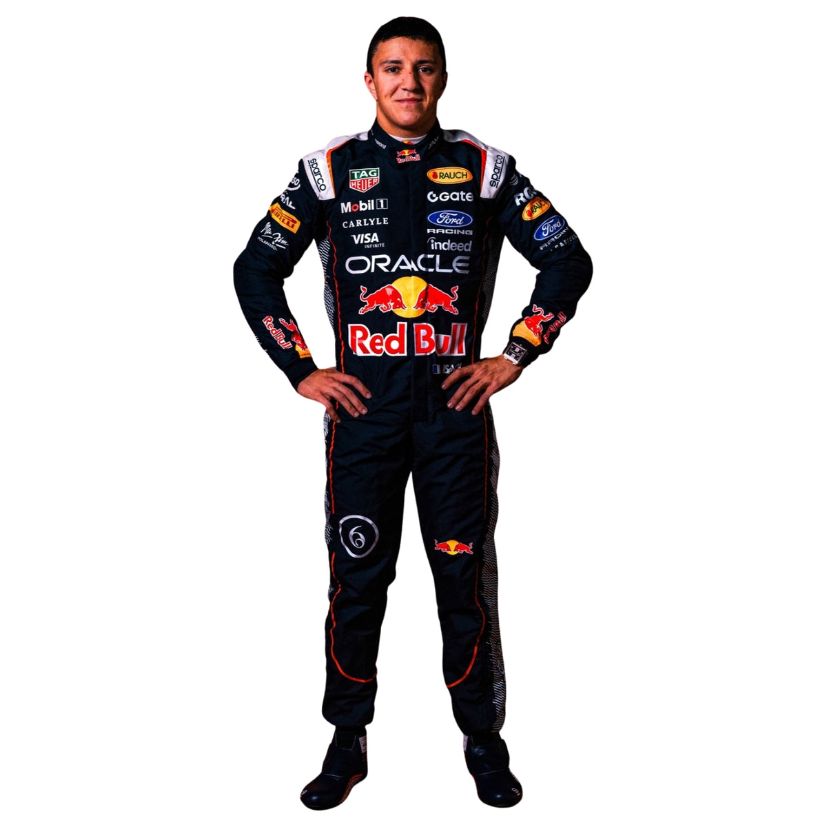 A Isack Hadjar 2026 F1 Race Costume Dutch GP Red Bull with various sponsor logos including Oracle, Mobil 1, Castor, and Ford, standing with hands on hips against a plain white background.