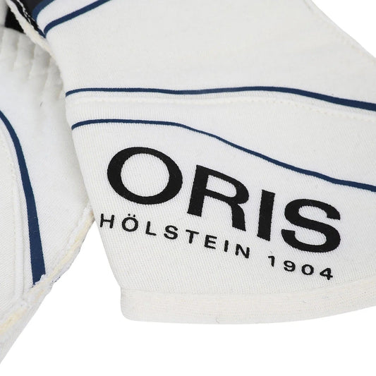 Close-up of a white Lance Stroll 2018 Race Gloves F1 Williams Martini with 'Oris' branding closeup view