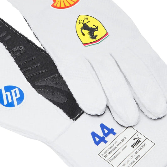 White Lewis Hamilton 2025 Miami GP Race Gloves Replica F1 Ferrari with logos of Ferrari, HP, and Puma closeup view