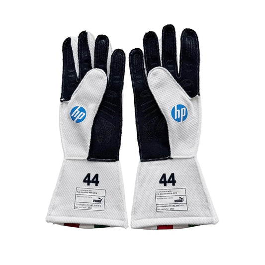 Pair of black and white Lewis Hamilton 2025 Monza GP Race Gloves Replica F1 Ferrari with HP logo and number 44 Front View