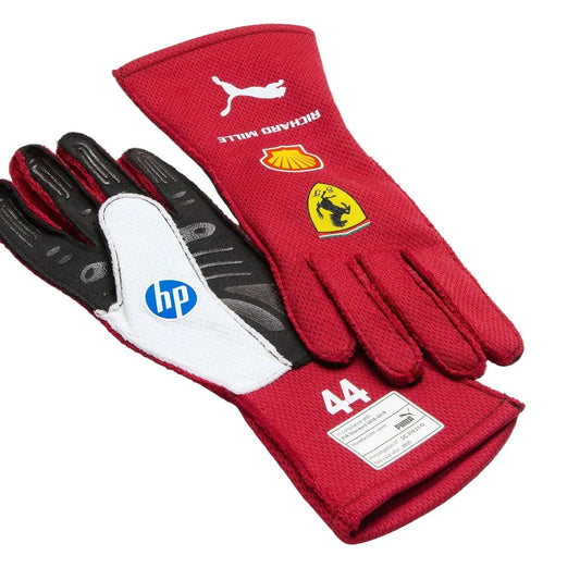 Red Lewis Hamilton 2025 Race Gloves F1 Ferrari with various logos Front and back view
