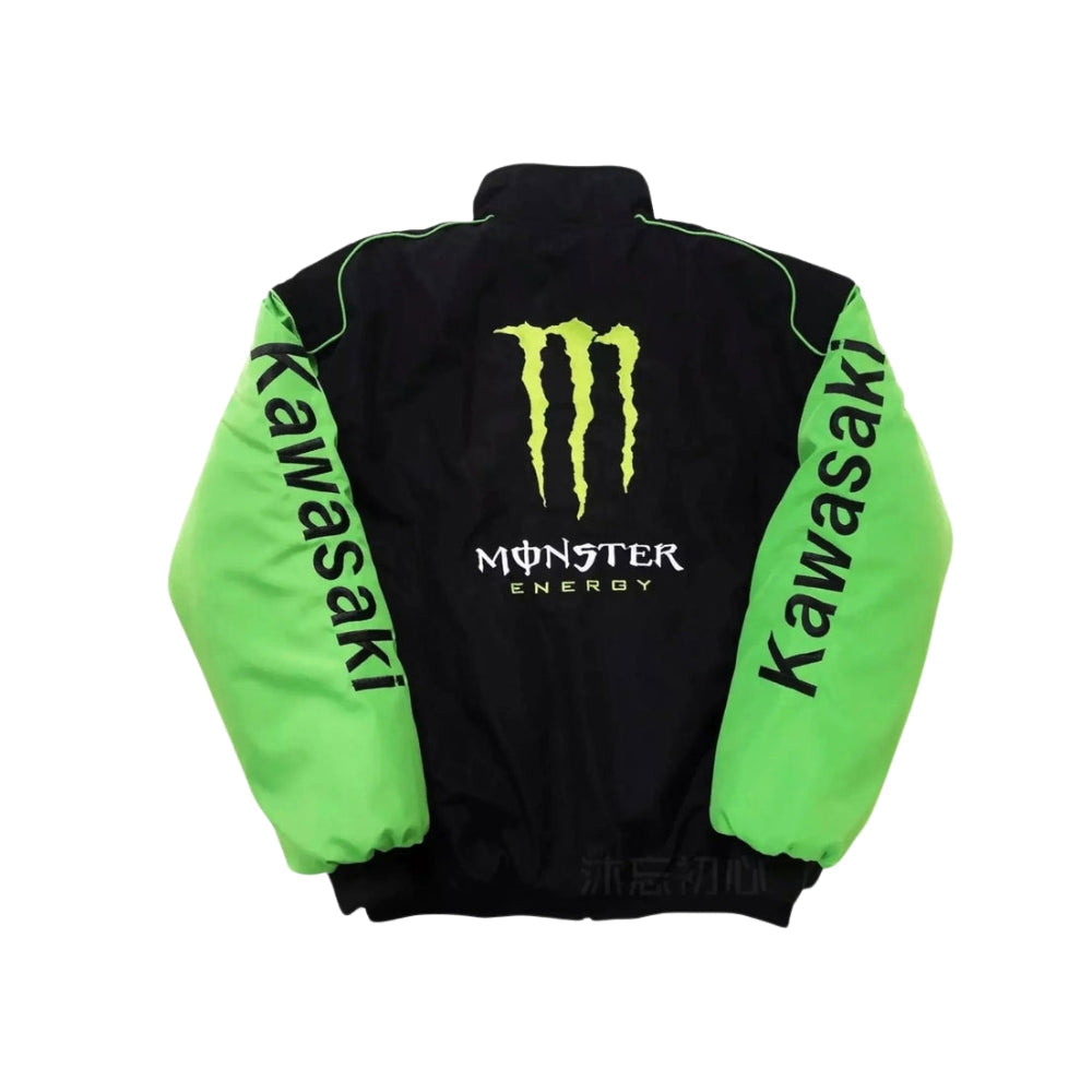 Kawasaki heritage motorsport jacket, with retro livery colours across the body. Vintage racing attire that layers easily over a hoodie or shirt.
