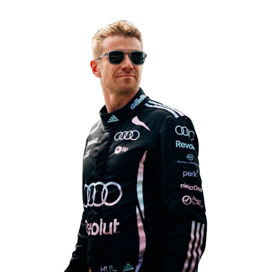 Nico Hulkenberg, wearing a black Race Custome with logos Close View