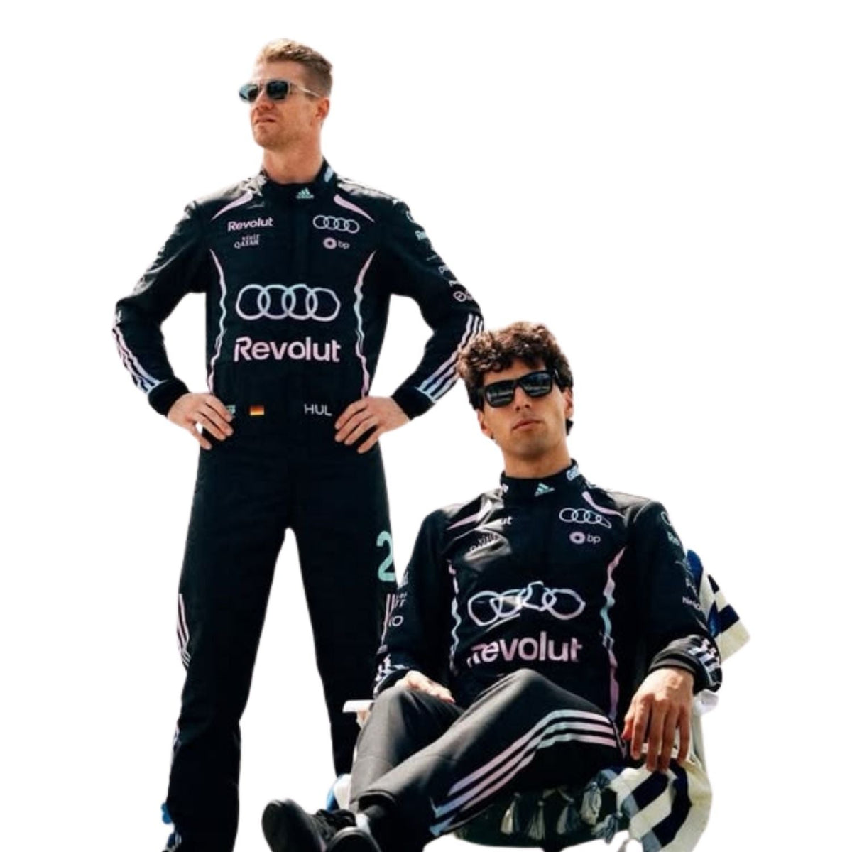 Nico Hulkenberg & Gabriel Bortoleto wearing Audi racing suits on a white background close view