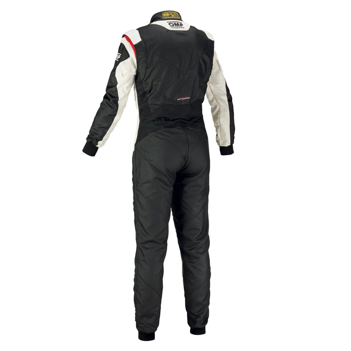 OMP Black White Tecnica Evo Racing Suit with visible branding back view