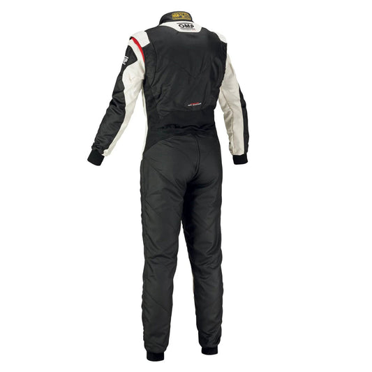 OMP Black White Tecnica Evo Racing Suit with visible branding back view