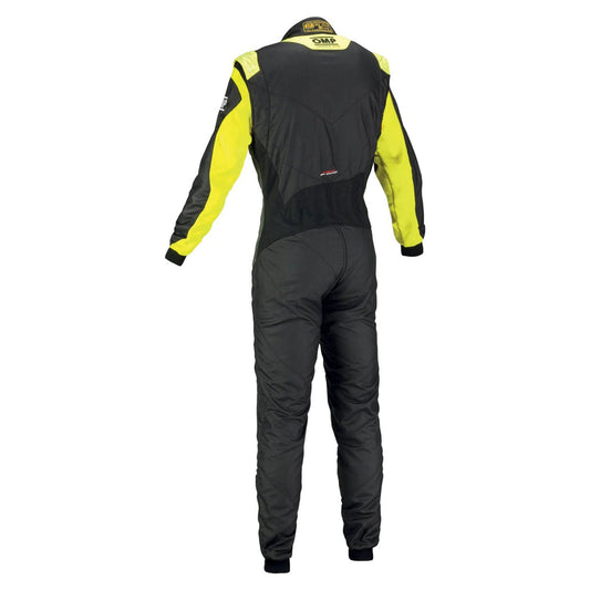 OMP Black Yellow Tecnica Evo Racing Suit full-body racing suit shown from the back on a white background.