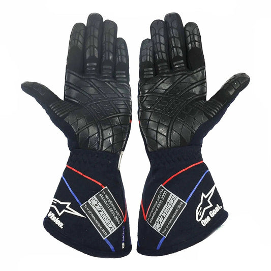 Pair of black Pierre Gasly 2019 Replica Race Gloves F1 Toro Rosso with brand logos Front View