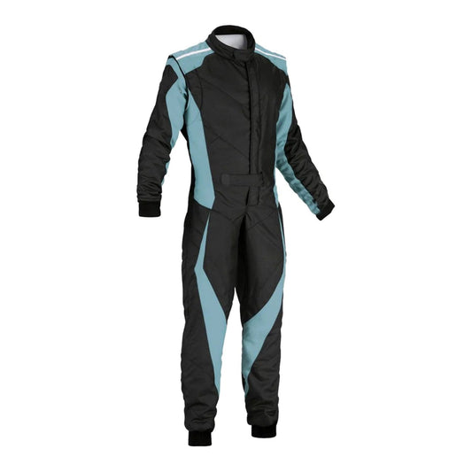 Plain Black & Blue Go Kart Racing Motorsport Suit Front View