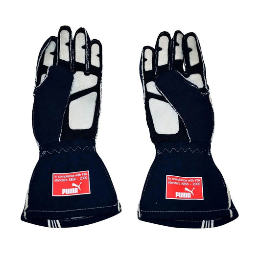 A pair of black Sebastian Vettel 2007 Race Gloves F1 Toro Rosso with white protective padding on the palms and fingers, displayed side-by-side against a white background.