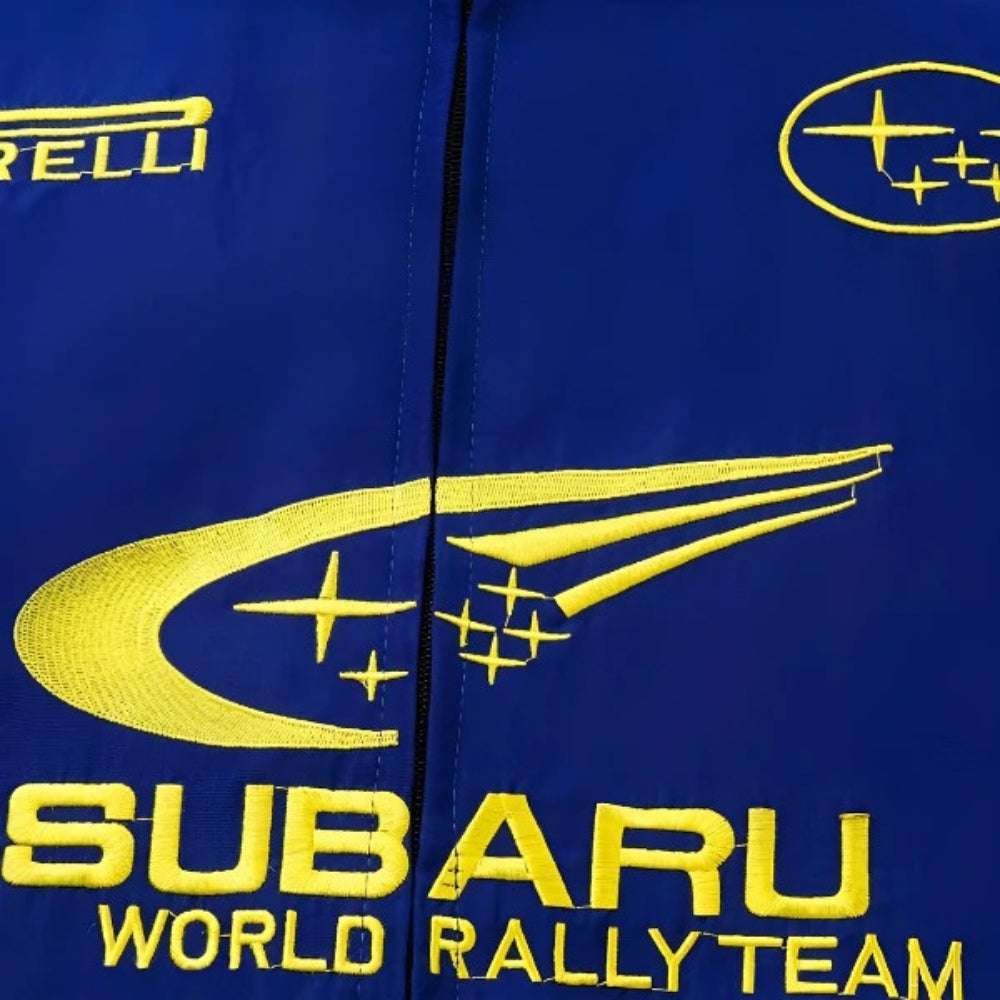 Subaru vintage racing jacket, with retro livery colours across the body. A classic motorsport jacket for fans and collectors alike.