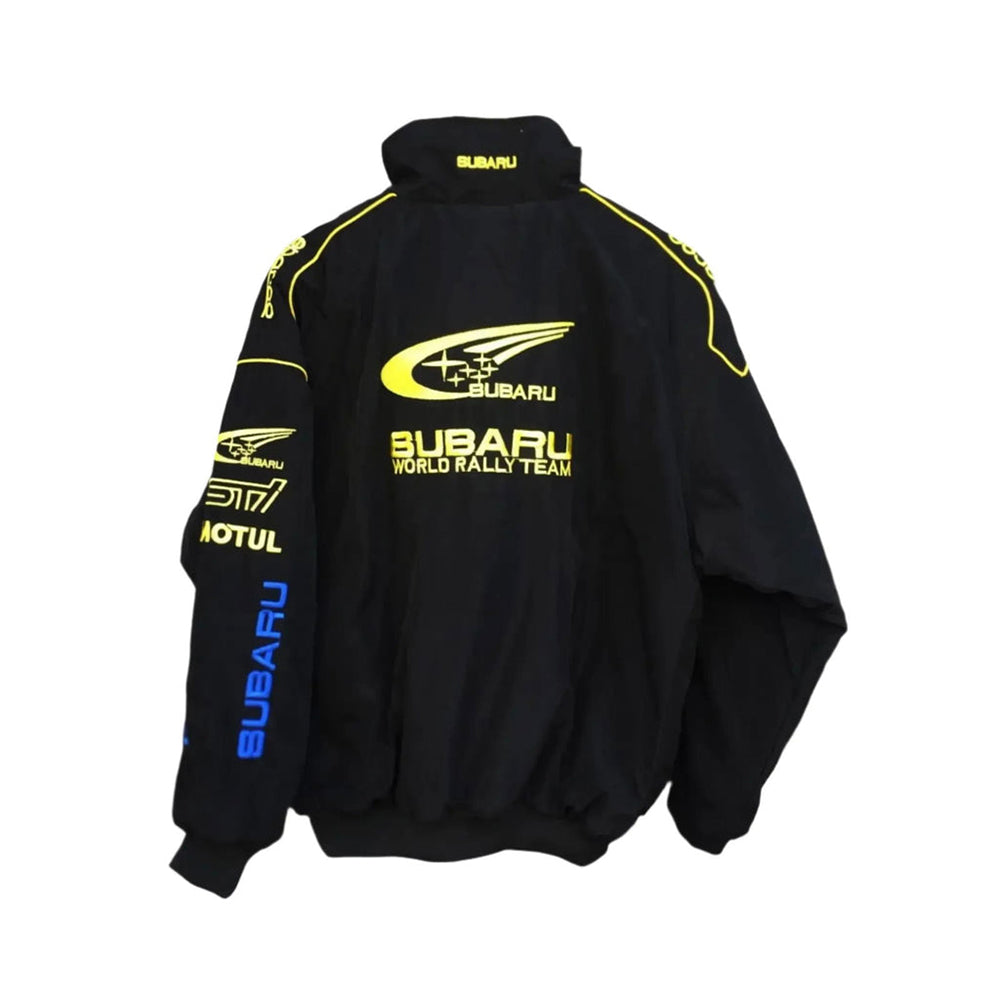 Subaru vintage racing jacket, with printed sponsor-style graphics across the sleeves. Old-school racing style for everyday wear.