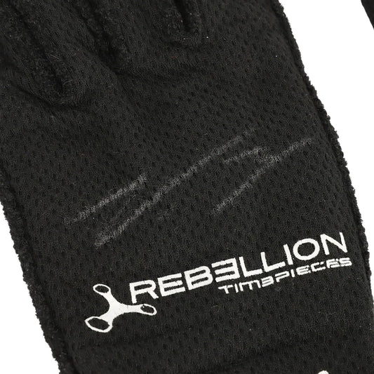 Close-up of a Valtteri Bottas 2022 British GP Race Gloves F1 Mercedes with a white printed logo and the text 'REBELLION TIMEPIECES' on the back of the hand.