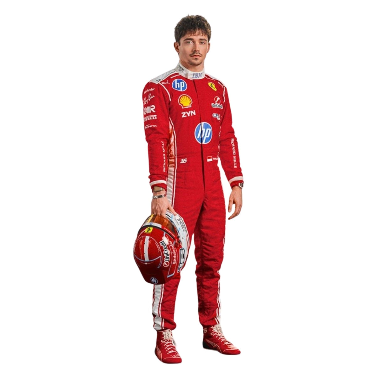 Charles Leclerc wearing a F1 Race suit with various logos on a white background with Right View