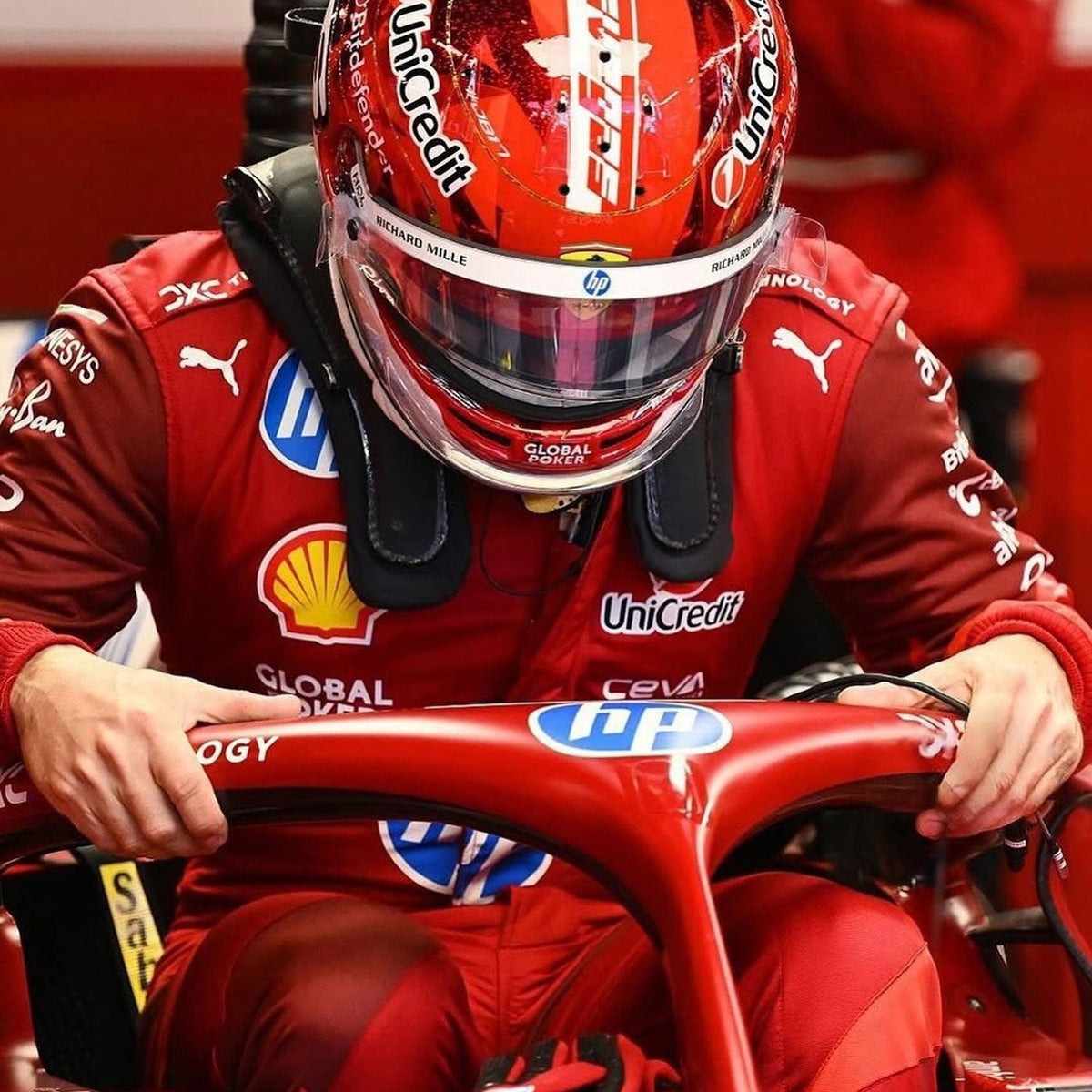 Charles Leclerc 2025 F1 Race Suit Ferrari Las Vegas GP Replica and helmet with various sponsor logos, sitting on a racing car.