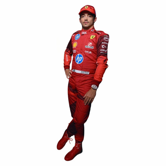 Charles Leclerc 2025 F1 Race Suit Ferrari Las Vegas GP Replicawith various sponsor logos, front view