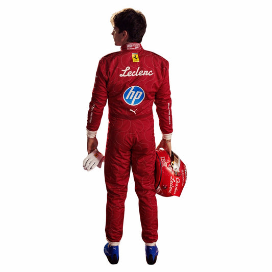 Charles Leclerc 2025 F1 Race Costume Ferrari Monza GP with various logos, holding a helmet back view