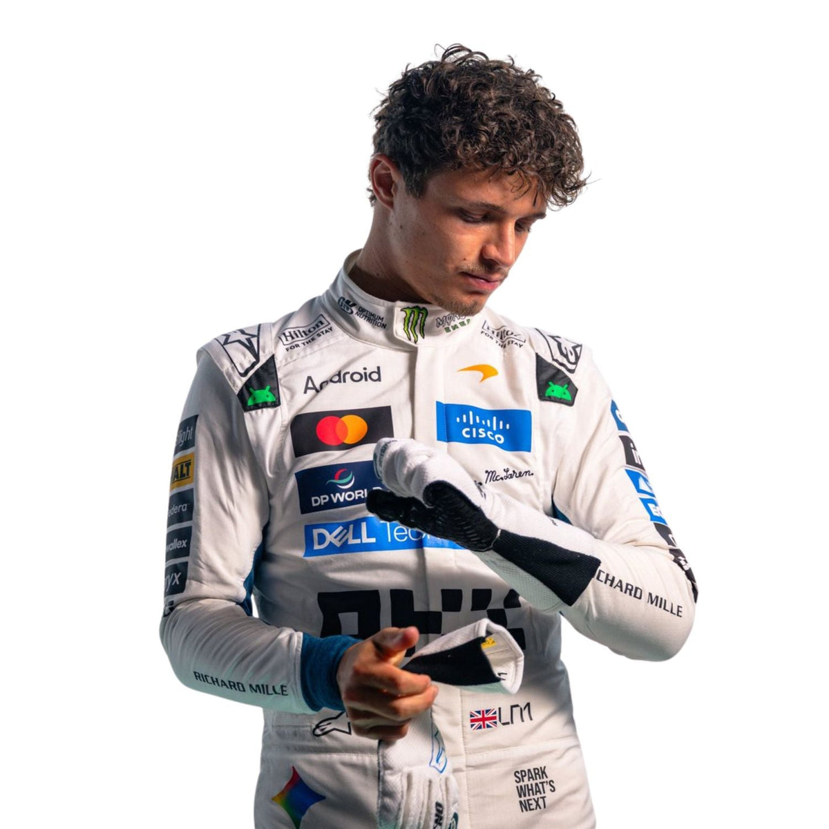 lando norris wearing a white racing suit with multiple sponsor logos stands against a plain white background right view
