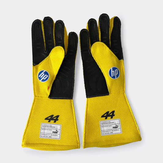 Red Lewis Hamilton 2026 Ferrari Silverstone British GP F1 Race Gloves laid flat, front view, showing the full racing design and replica stitching