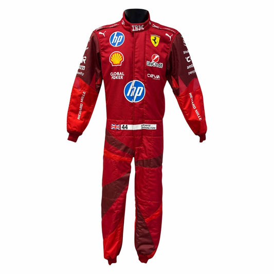 Lewis Hamilton 2025 F1 Race Suit Ferrari Las Vegas GP with various brand logos, front view