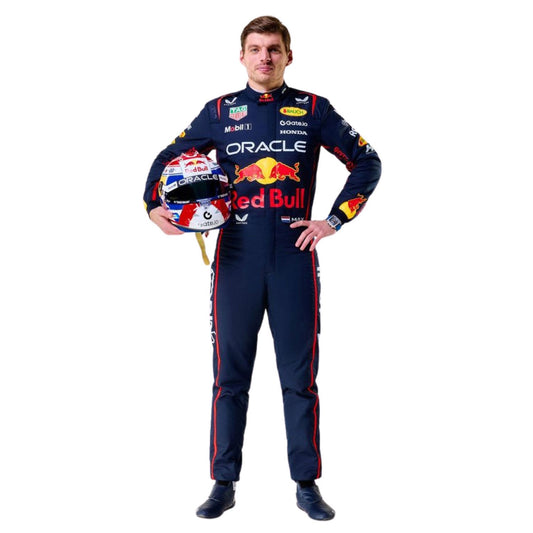 Max Verstappen 2025 F1 Race Costume Replica Red Bull holding a helmet Front View