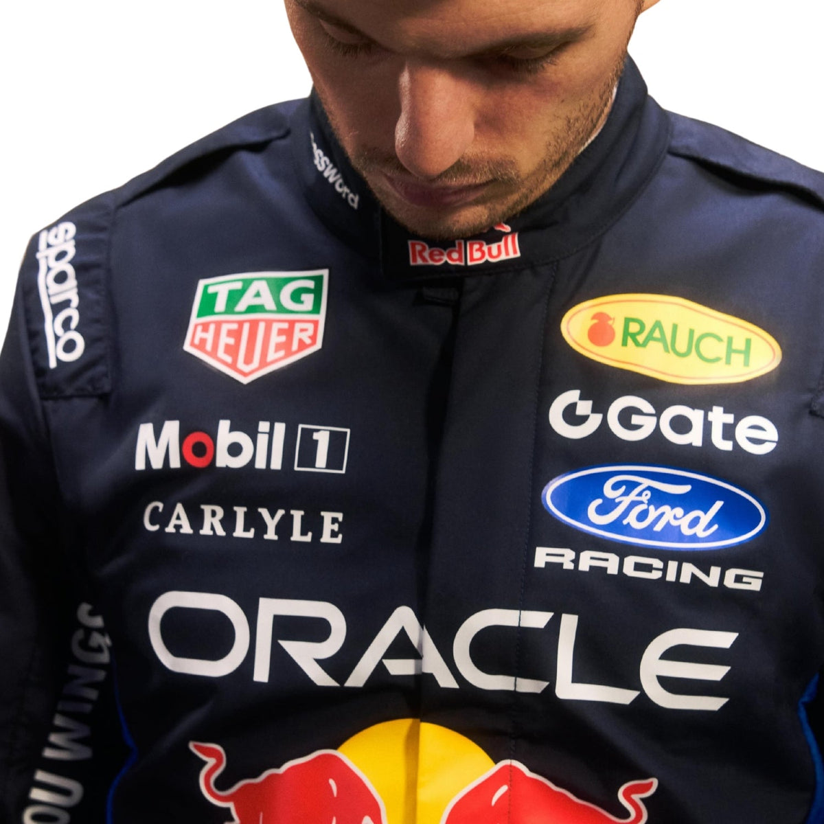 Max Verstappen F1 Race Replica Red Bull Motorsport Suit Logo Close View