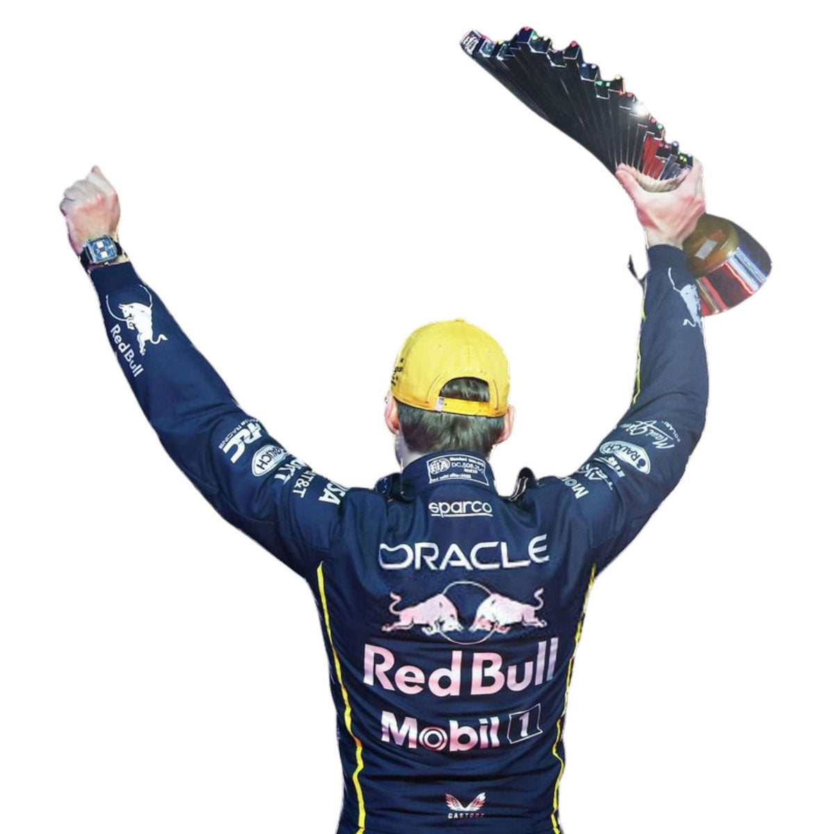 Max Verstappen 2025 F1 Race Costume Replica Red Bull Las Vegas GP holding trophies against back view
