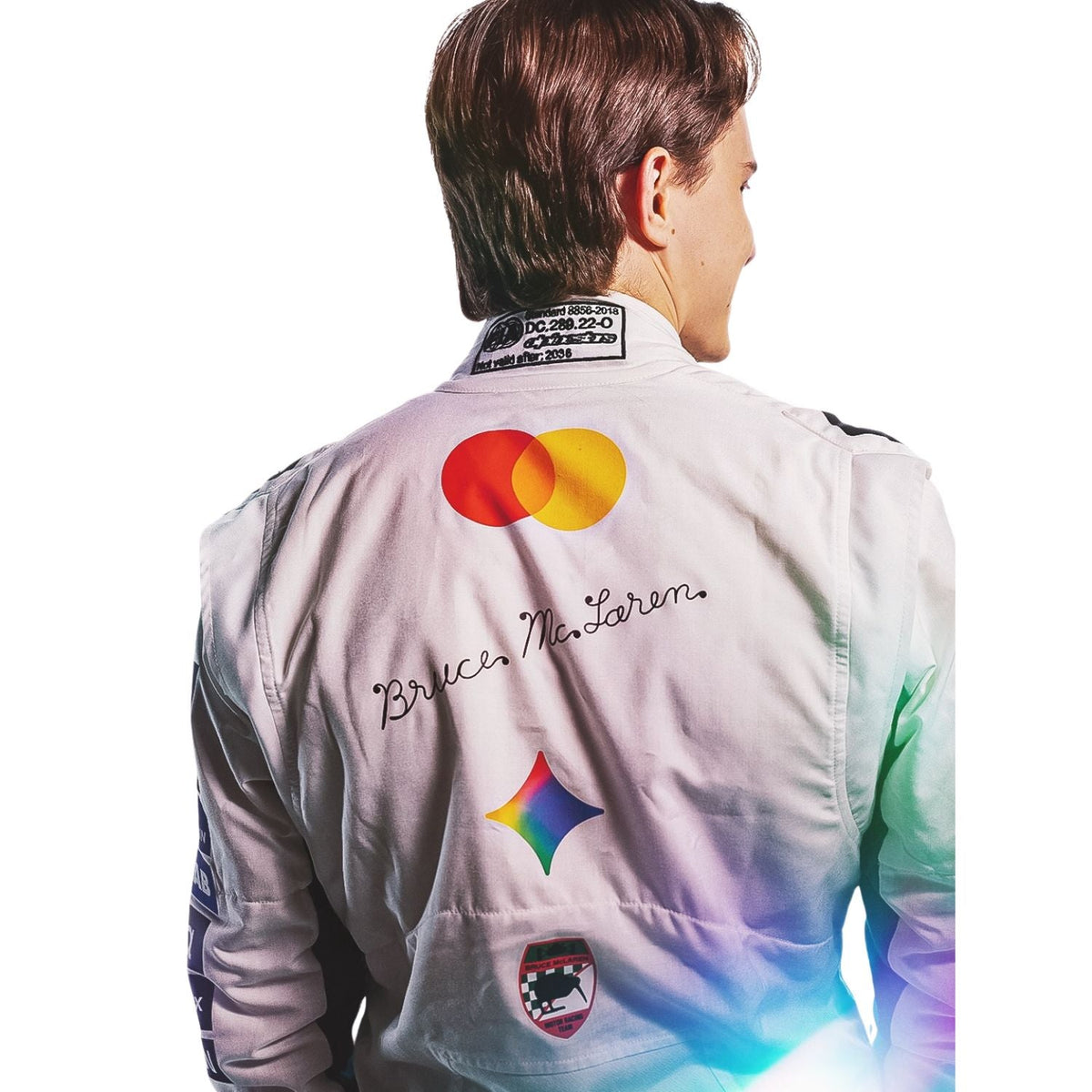 oscar-piastri in a white racing suit with colorful sponsor logos, shown against a plain white background right view