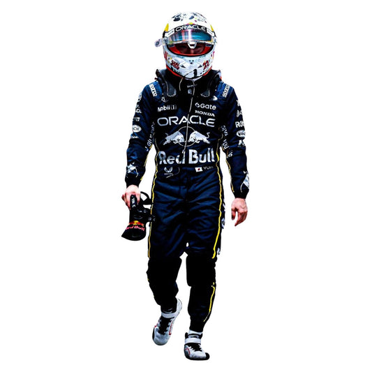 Yuki Tsunoda 2025 F1 Race Costume Red Bull Las Vegas GP and helmet with visible branding front view