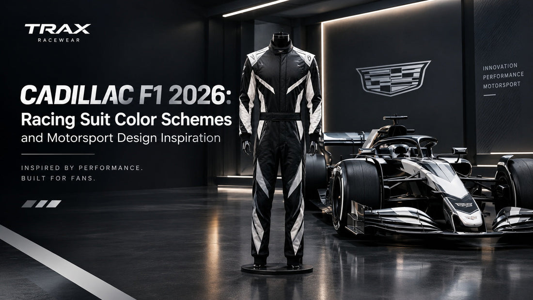 Cadillac F1 2026-inspired black and white racing suit design with geometric motorsport graphics.